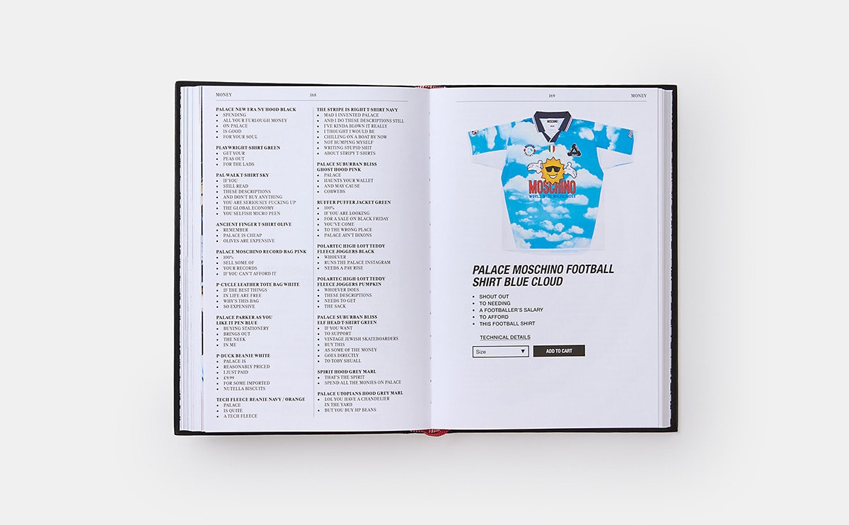 Image shows a spread from Palace Product Descriptions by Lev Tanju, featuring blocks of product copy on the left page, and a screenshot of a listing for a Palace and Moschino football shirt on the right