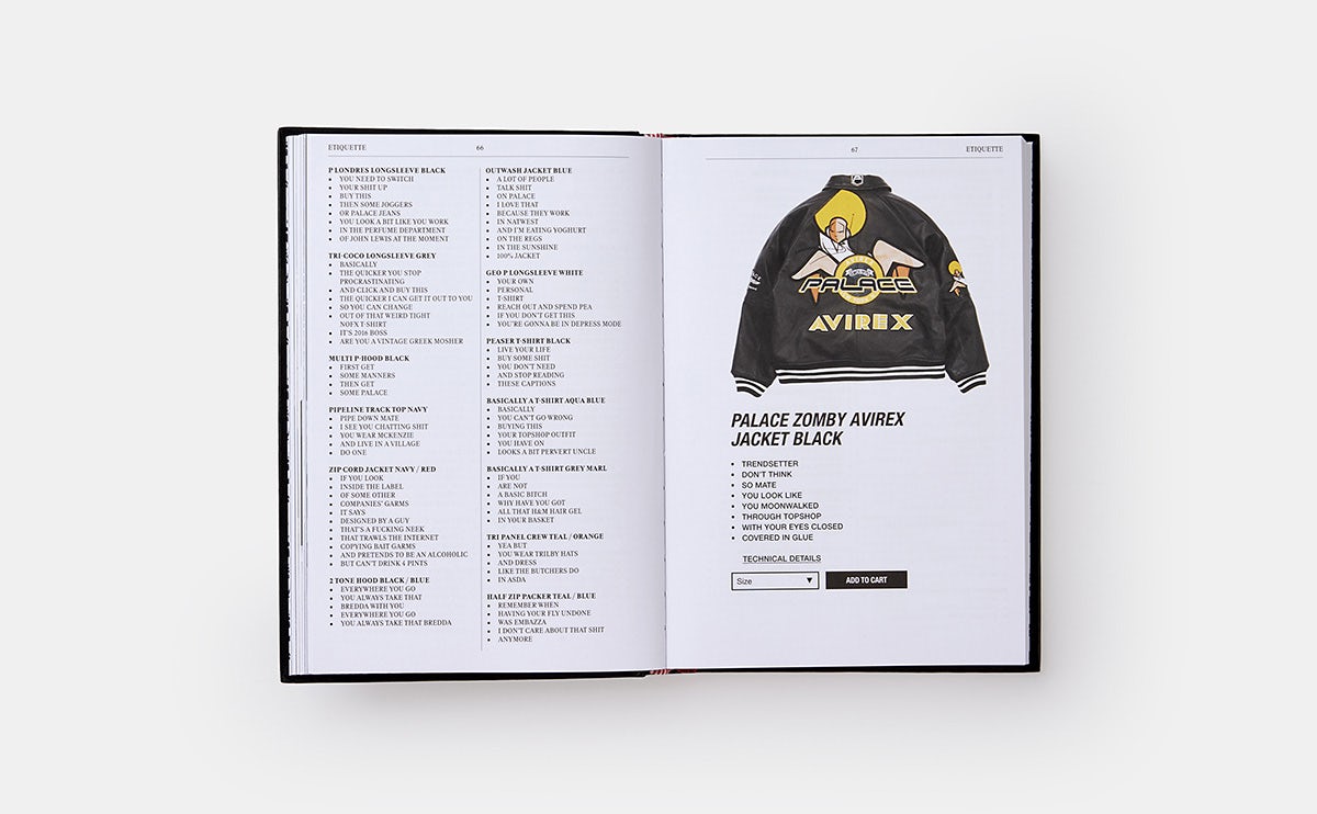 Image shows a spread from Palace Product Descriptions by Lev Tanju, featuring blocks of product copy on the left page, and a screenshot of a listing for a Palace jacket on the right