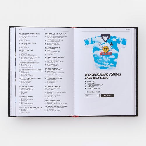 Image shows a spread from Palace Product Descriptions by Lev Tanju, featuring blocks of product copy on the left page, and a screenshot of a listing for a Palace and Moschino football shirt on the right