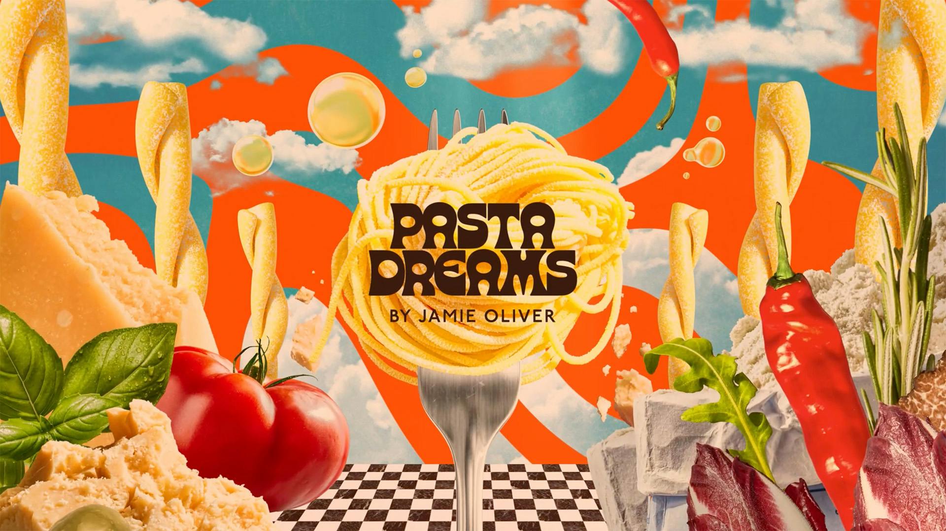 Image shows a collage of ingredients against a psychedelic background and a headline that reads 'Pasta Dreams by Jamie Oliver'