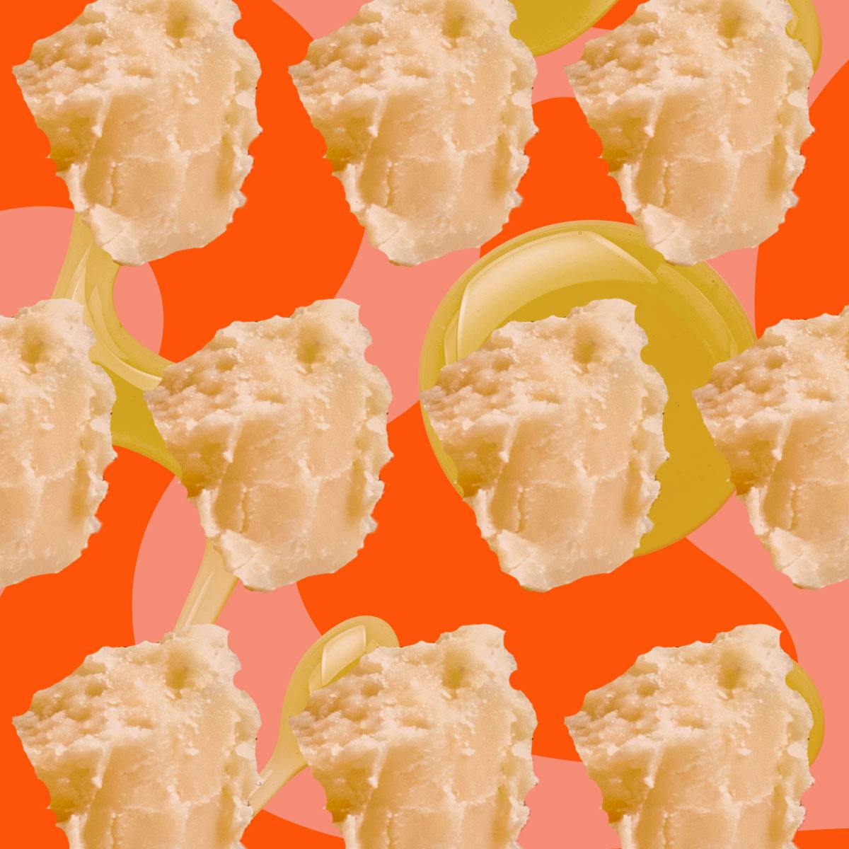 Image shows cut-out images of ingredients tiled over an orange background