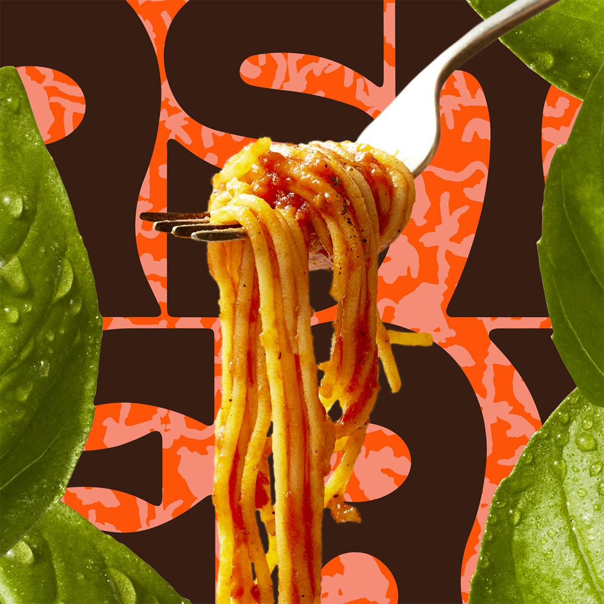 Image shows a cut-out image of a forkful of spaghetti