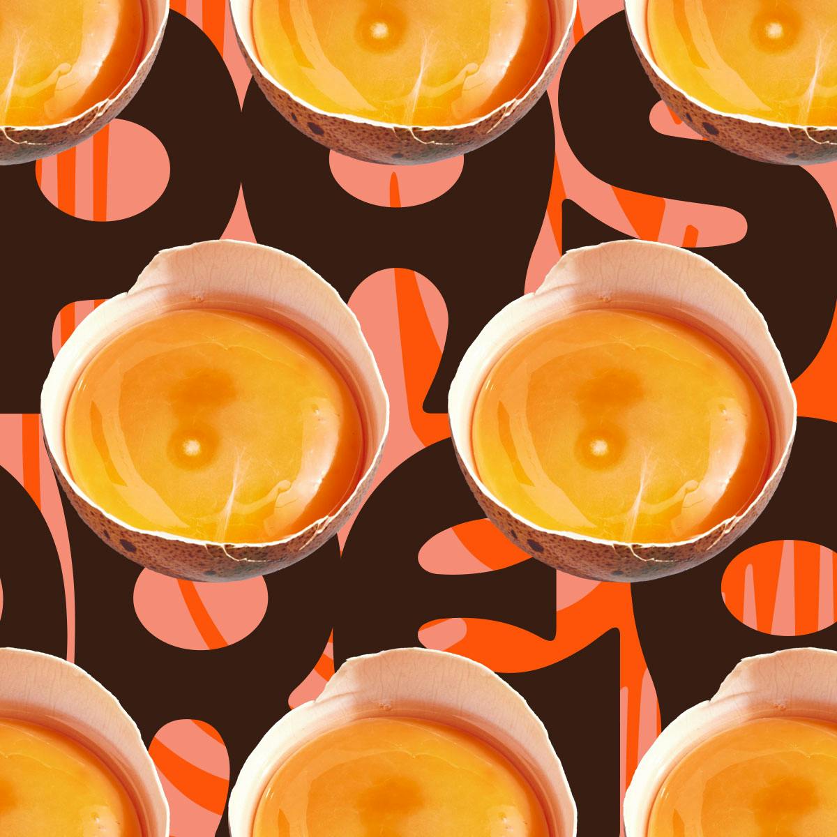 Image shows a cut-out graphic of egg yolks inside a shell, tiled over a patterned background