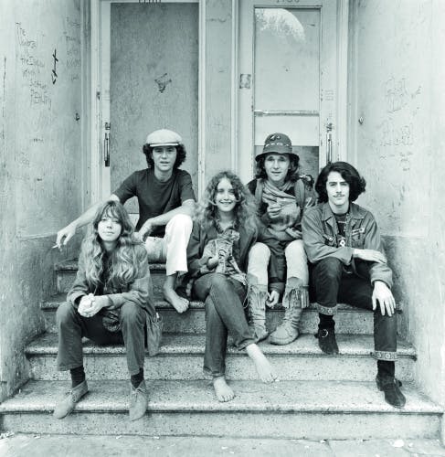 Group on Stairs with Cat (Shari Maynard, 19, Red Pappas, 18, Stefanie Wyatt, 17, Michael, 20, and Sean Herrick, 18), Haight Street, August 1968 © Elaine Mayes