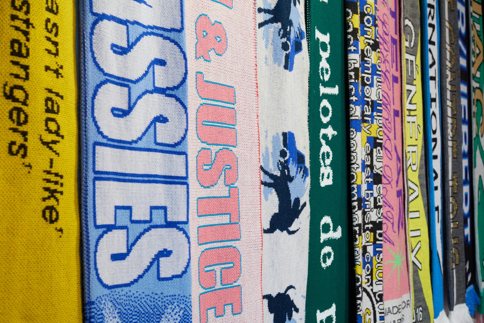 Image shows football scarves on display at OOF Gallery