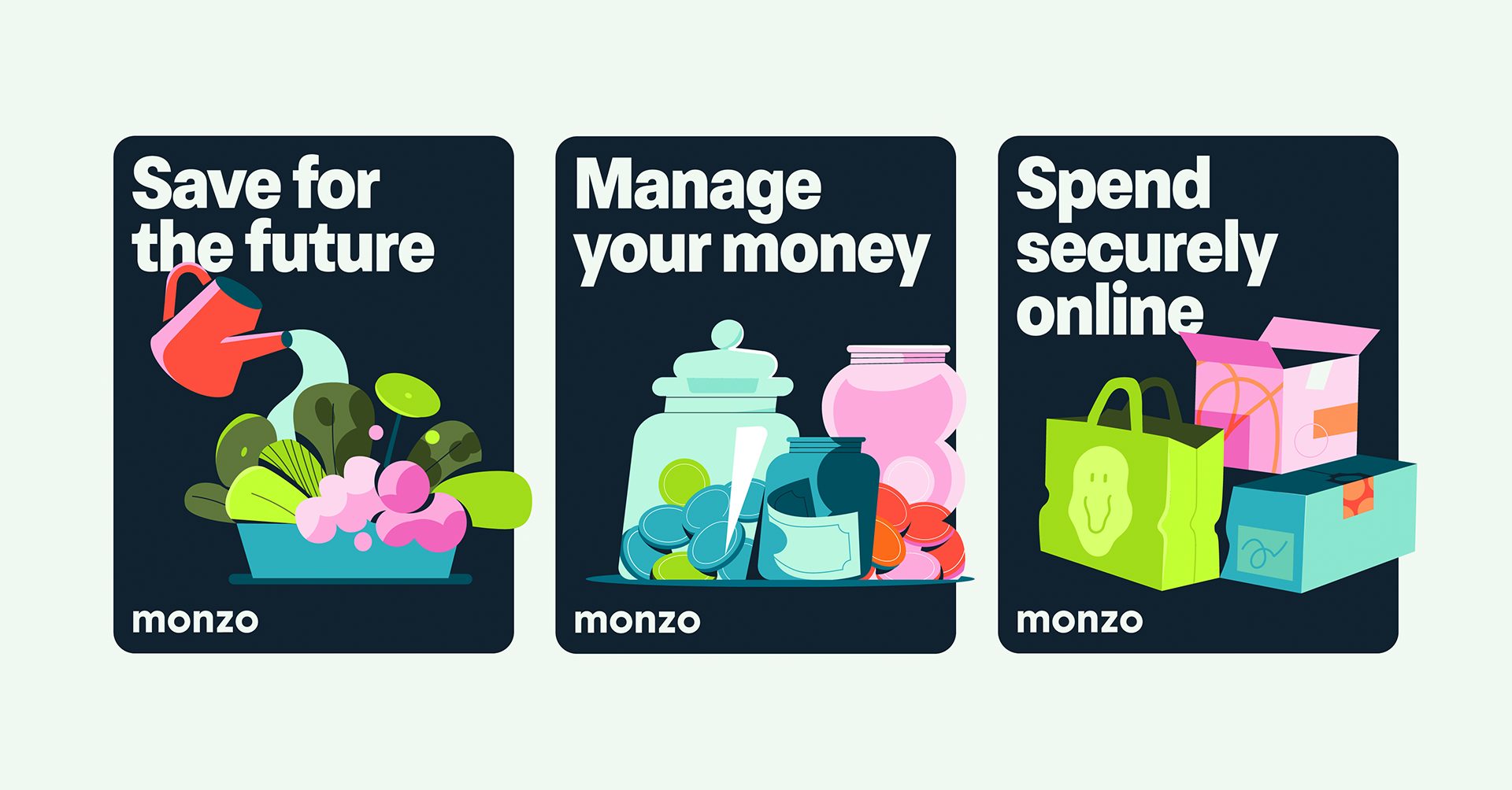 Image shows three Monzo graphics, with the headlines 'Save for the Future', 'Manage Your Money', and 'Spend Securely Online'