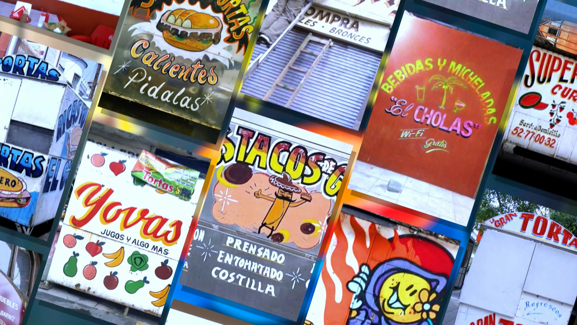 Image shows a collection of colourful hand-painted signage from Mexico City
