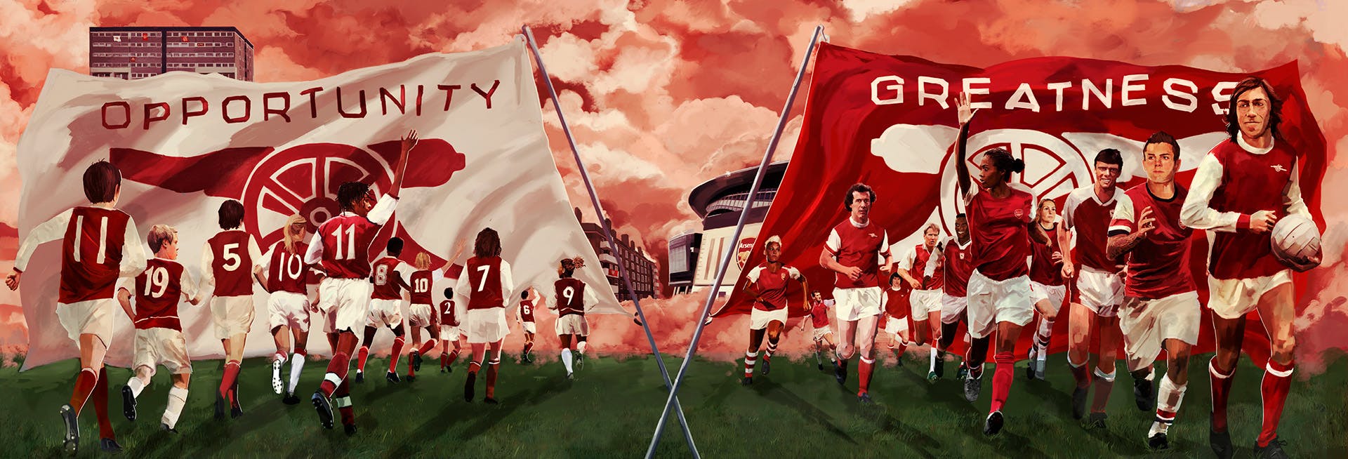 Artwork by Reuben Dangoor showing iconic figures from the club's history marching on grass bearing flags that read 'opportunity' and 'greatness'