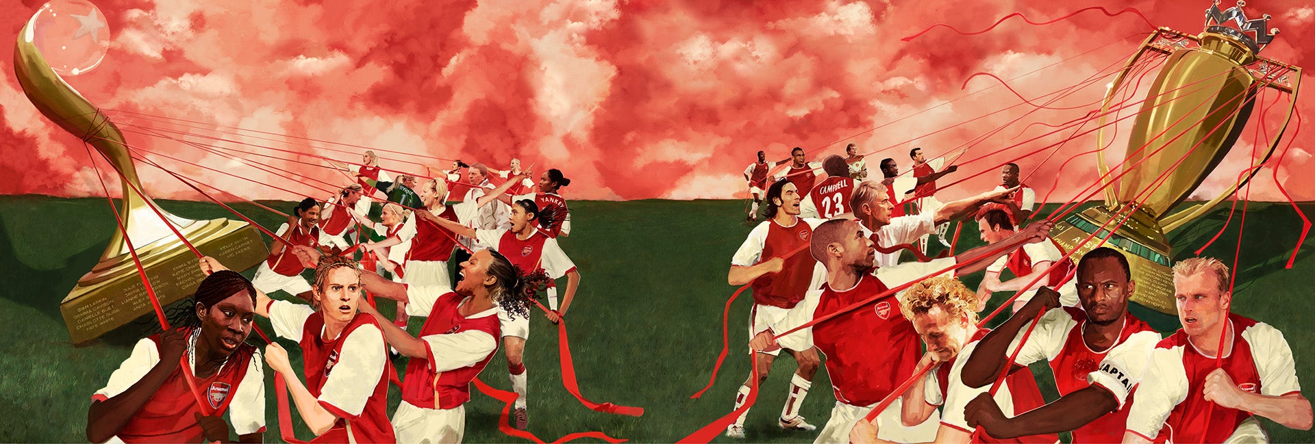 Artwork by Reuben Dangoor showing illustrations of Arsenal players from the club's history hauling trophies by ropes