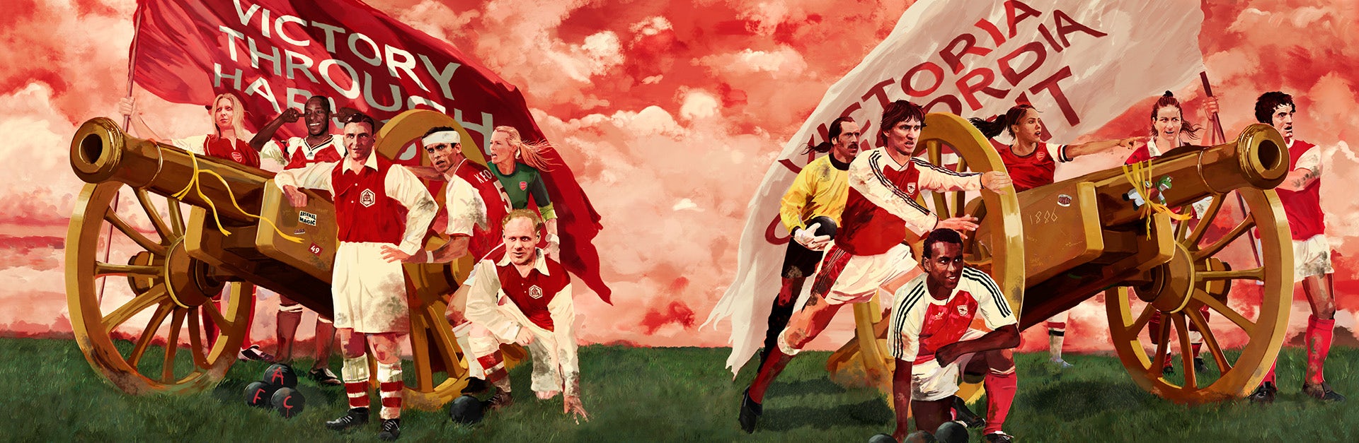 Image by Reuben Dangoor featuring illustrations of players from Arsenal history stood in a field next to cannons and flags
