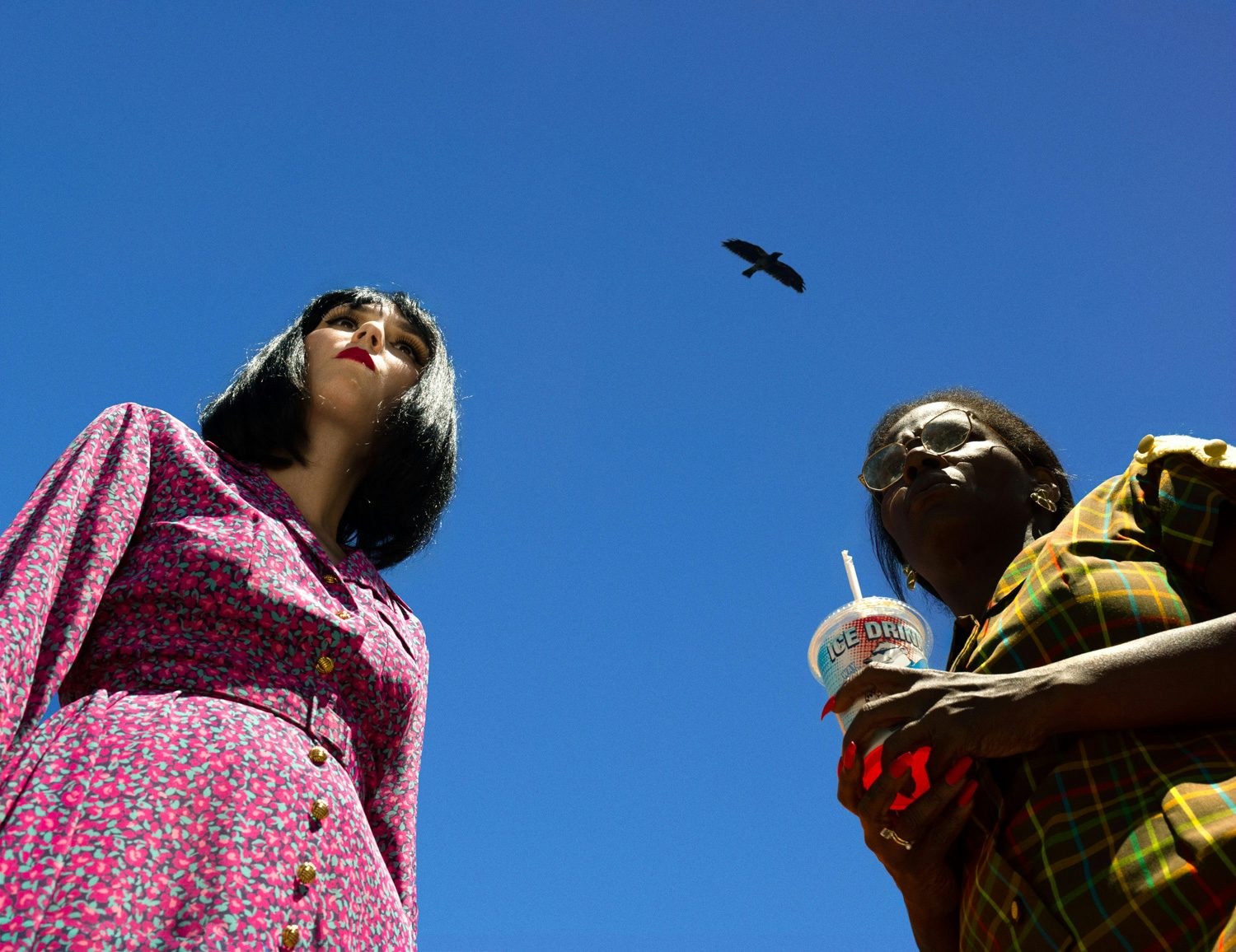 Image of Alex Prager, taken from below, with a person on the left wearing a floral button-down dress and a bob next to another person carrying a plastic drink and a straw with a bird flying over it
