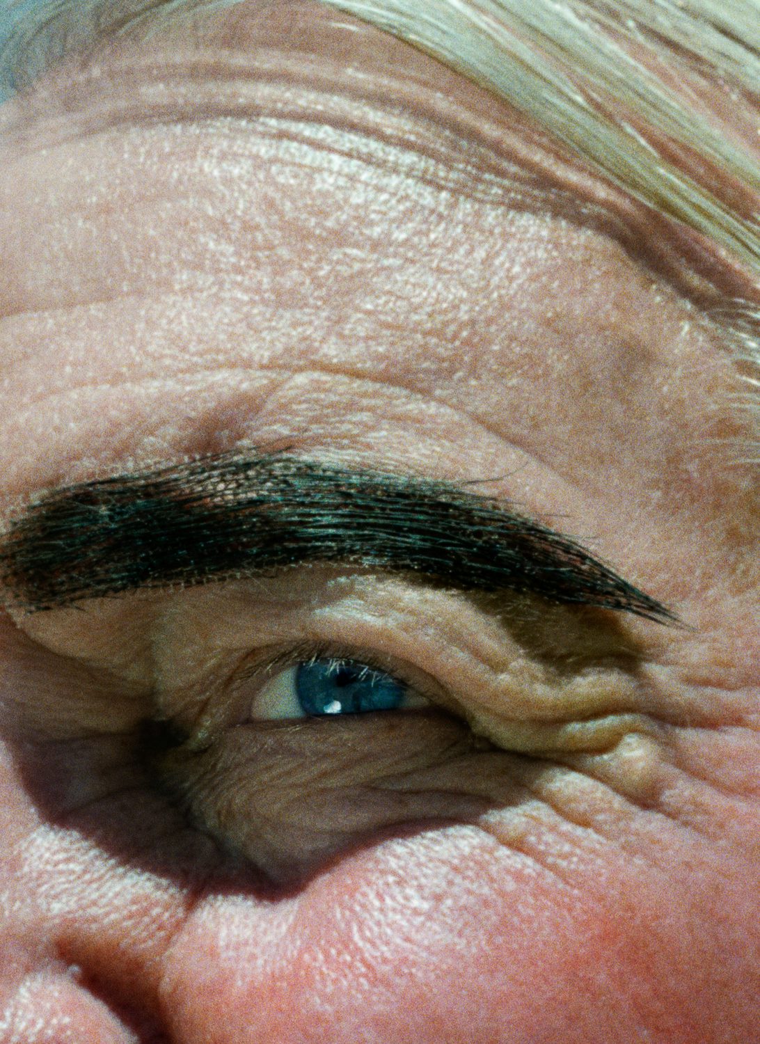 Image by Alex Prager shows a close crop of a portrait photograph of someone's eye area, who appears to be wearing dark stick-on eyebrows