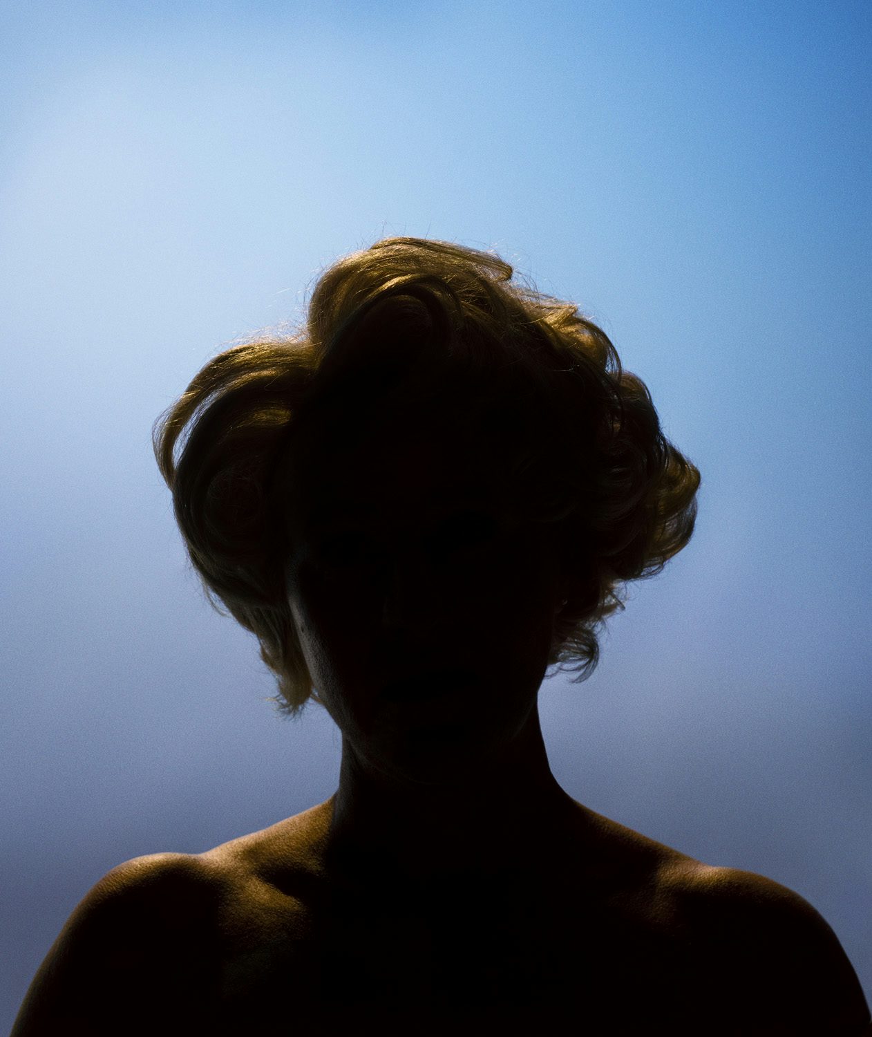 The image by Alex Prager shows the silhouette of a person's head with short hair and bare shoulders against a dark blue background