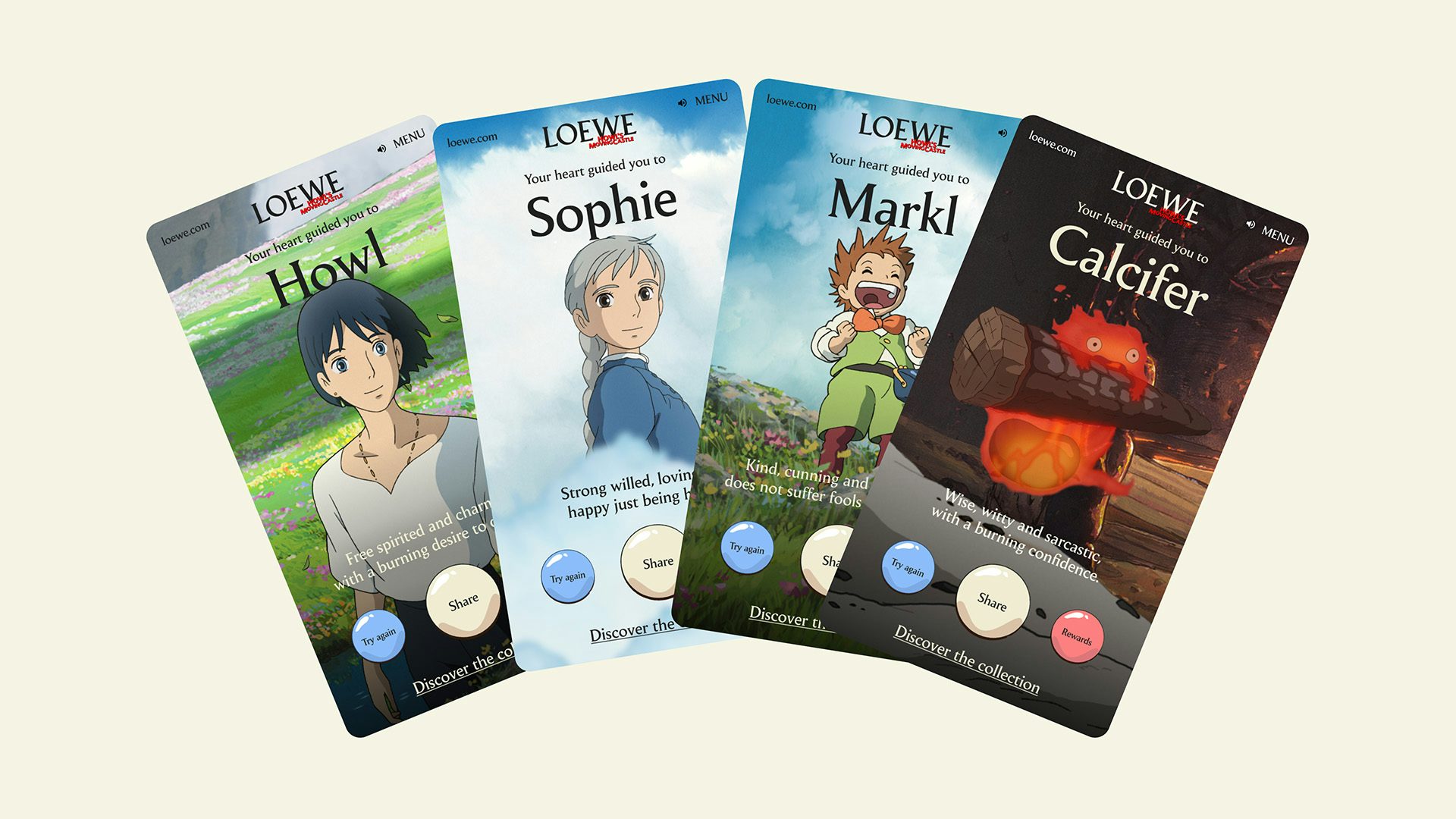 Image shows four screenshots of screens used in Loewe's digital experience in collaboration with Howl's Moving Castle. The screens show four characters, Howl, Sophie, Markl and Calcifer