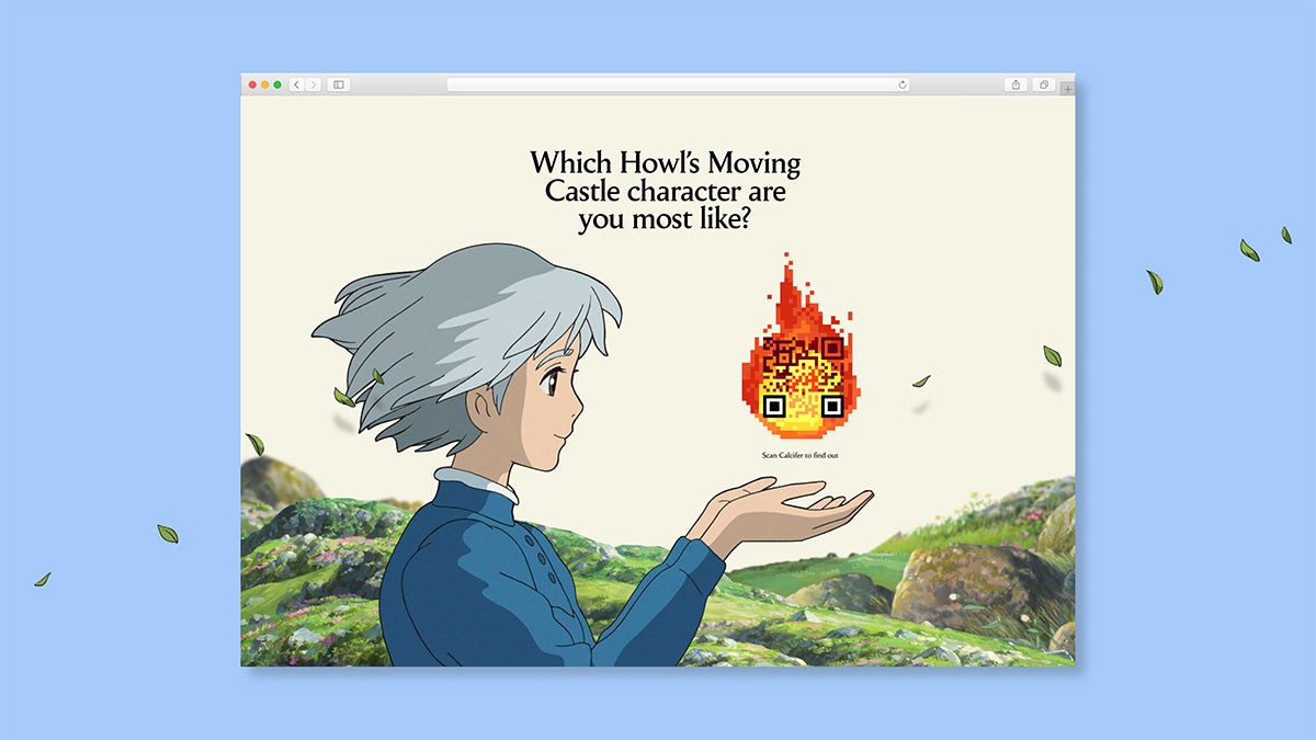 Image shows a screenshot of a digital experience featuring Sophie from the anime Howl's Moving Castle holding out her hands and a QR code in the shape of the character Calcifer hovering over her hands. The text reads 'Which Howl's Moving Castle character are you most like?'