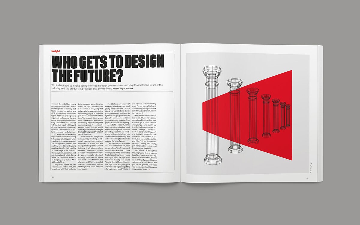 Image of a magazine spread from the Creative Review Future Issue 2023 headlined 'Who gets to design the future?', next to an illustration of a series of columns shrinking in size