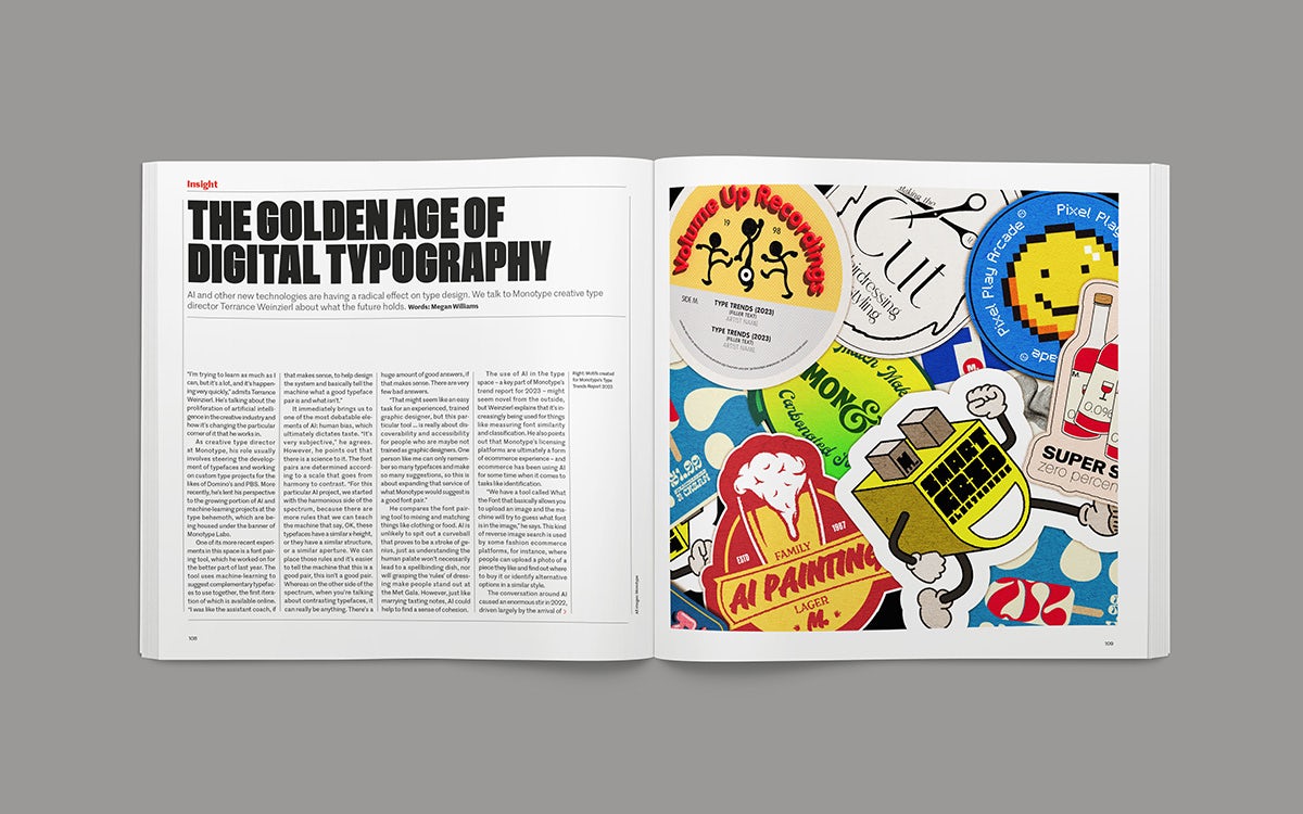 Image of a magazine spread from the Creative Review Future Issue 2023 headlined 'The golden age of digital typography' next to a pile of colourful stickers created for Monotype's trends report