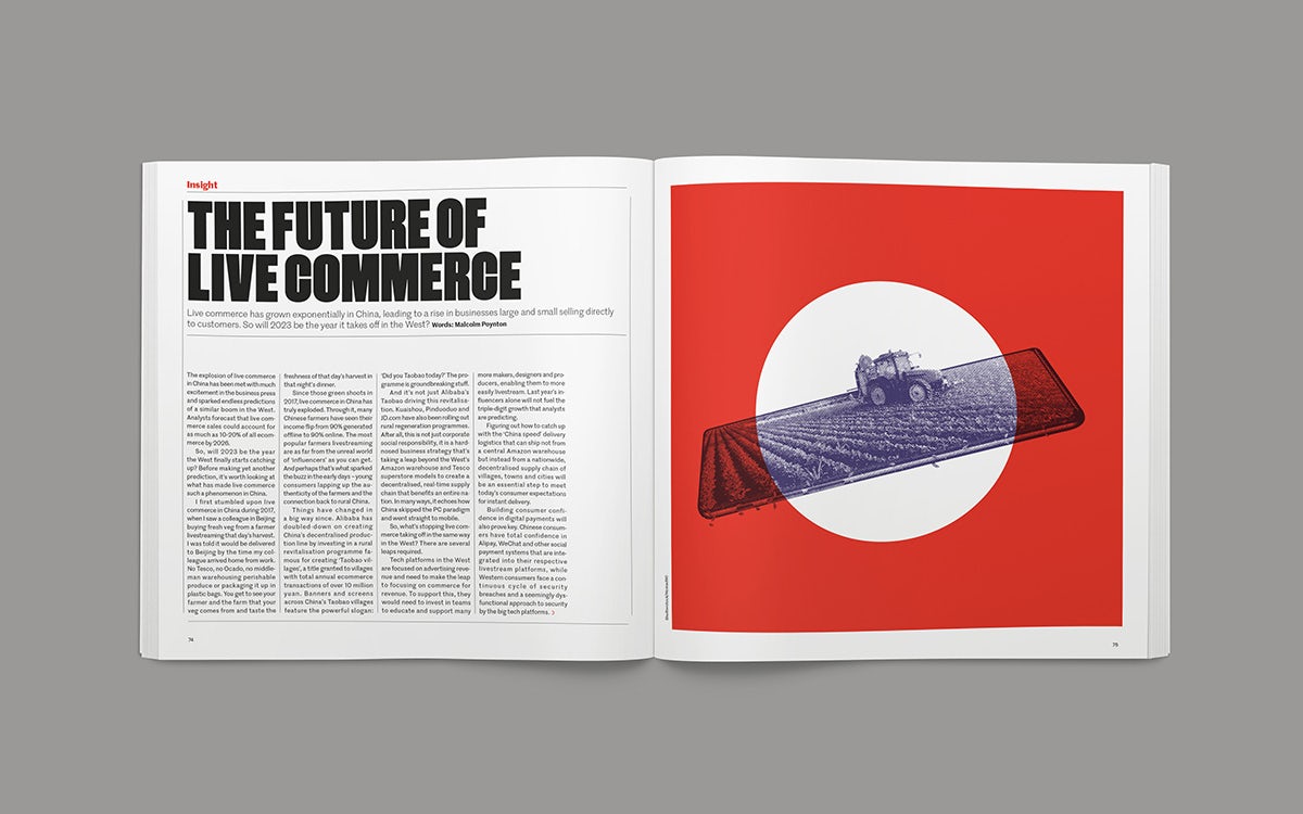 Image of a magazine spread from the Creative Review Future Issue 2023 headlined 'The future of live ecommerce' next to an illustration of a white circle on a red background, with an overlaid image of a tractor driving through a field
