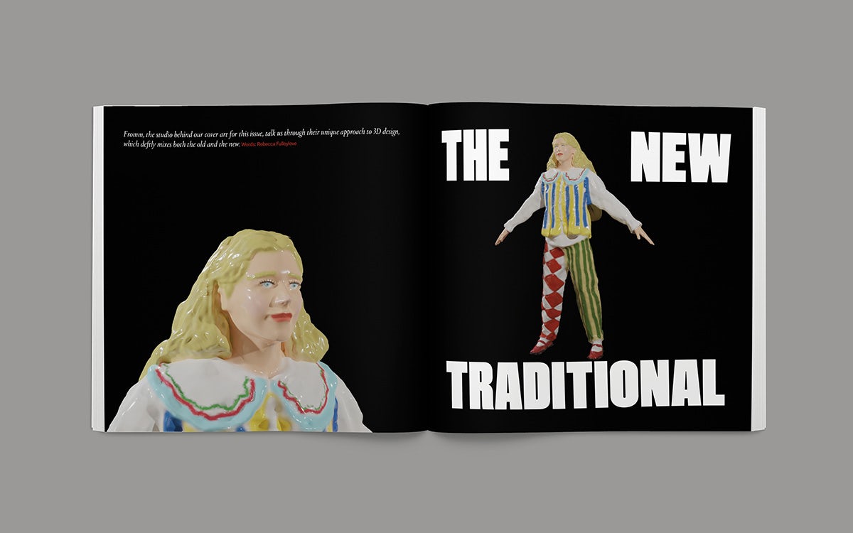 Image of a magazine spread from the Creative Review Future Issue 2023 headlined 'The New Traditional' on a black background, with two images of a 3D model of a blonde figurine