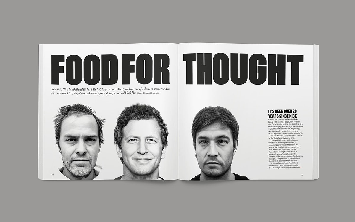 Image of a magazine spread from the Creative Review Future Issue 2023 headlined 'Food for thought' next to photographs of the founders of the agency Food