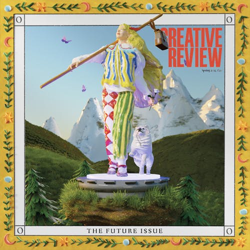 Image shows the cover of the Creative Review Future Issue 2023 featuring a 3D model of a person with blonde hair carrying a bag on a stick over their shoulder. They're stood on a podium next to a white dog with mountains and grassland in the background. The image has a yellow border decorated with leaves, moons and stars
