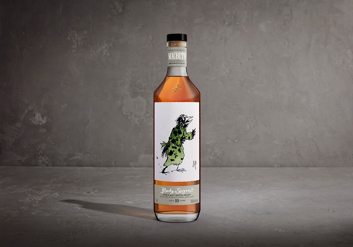 Photograph of a bottle of whisky in the Macbeth whisky collection featuring an illustration on the bottle showing the Bloody Sargeant drawn as a bird by Quentin Blake