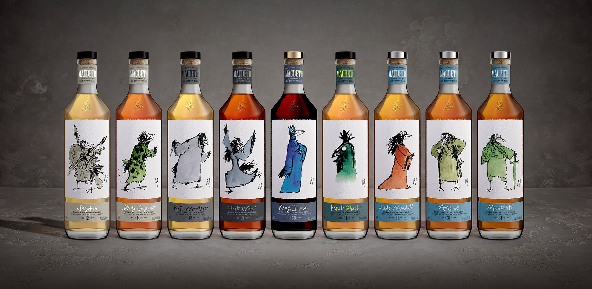 Photograph showing the nine bottles in the Macbeth whisky collection featuring illustrations on the bottles showing different characters drawn as birds by Quentin Blake