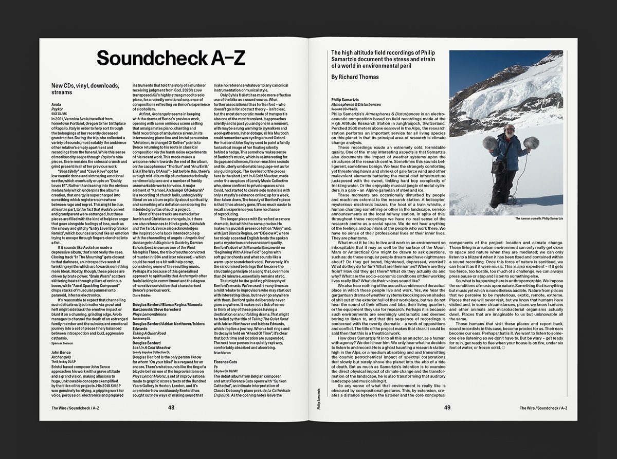 A spread showing The Wire's new magazine design with a double page spread headlined 'Soundcheck A-Z'