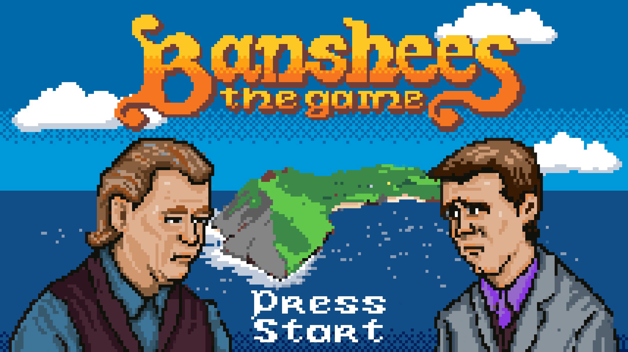 Graphic shows the title screen for the Banshees of Inisherin game, featuring the title 'Banshees the Game' and illustrations of the two main characters