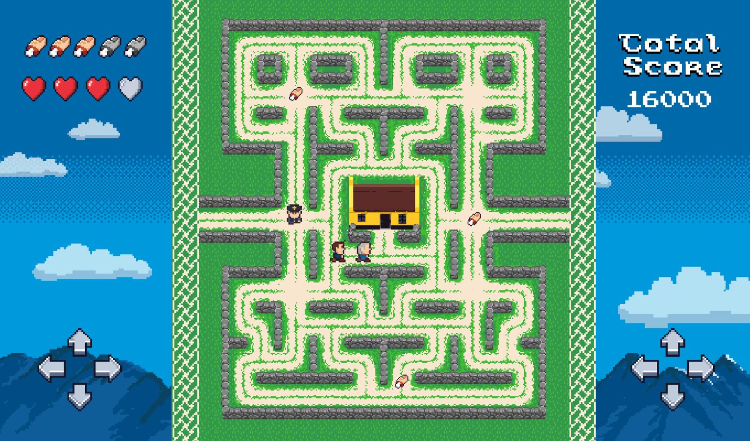 Graphic shows the maze layout of the Banshees of Inisherin game, featuring green hedgerows and an illustration of a pub at the centre