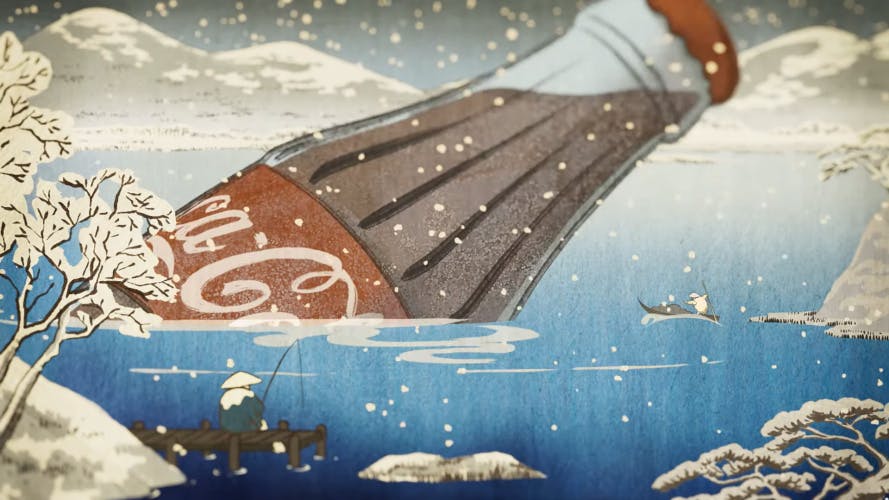 Image shows a large bottle of Coca-Cola submerged in an illustrated lake, as seen in Coca-Cola ad Masterpiece