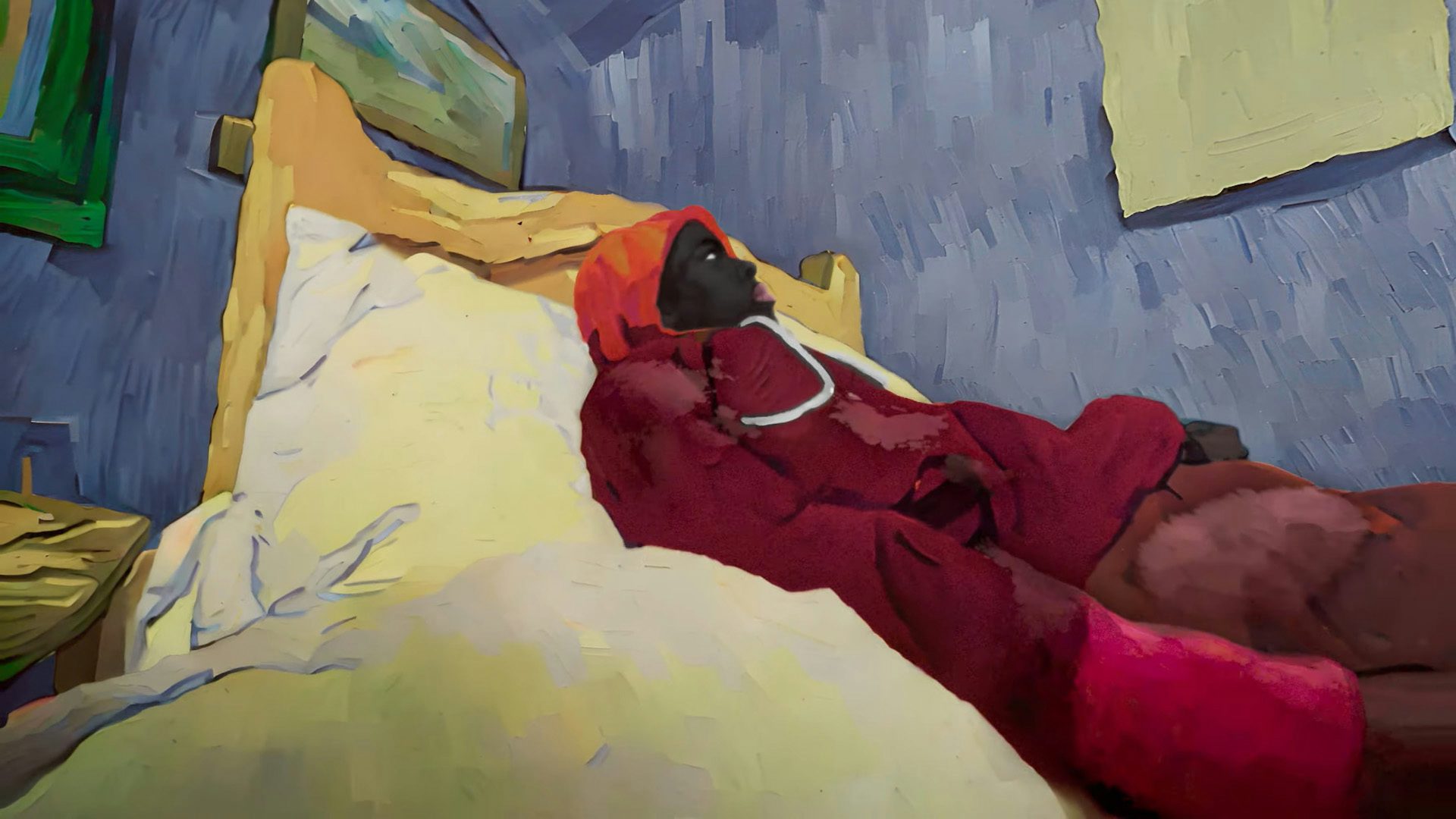 Image shows a young person wearing a red tracksuit lying on a bed supposedly in Van Gogh's painting The Bedroom, as seen in Coca-Cola ad Masterpiece