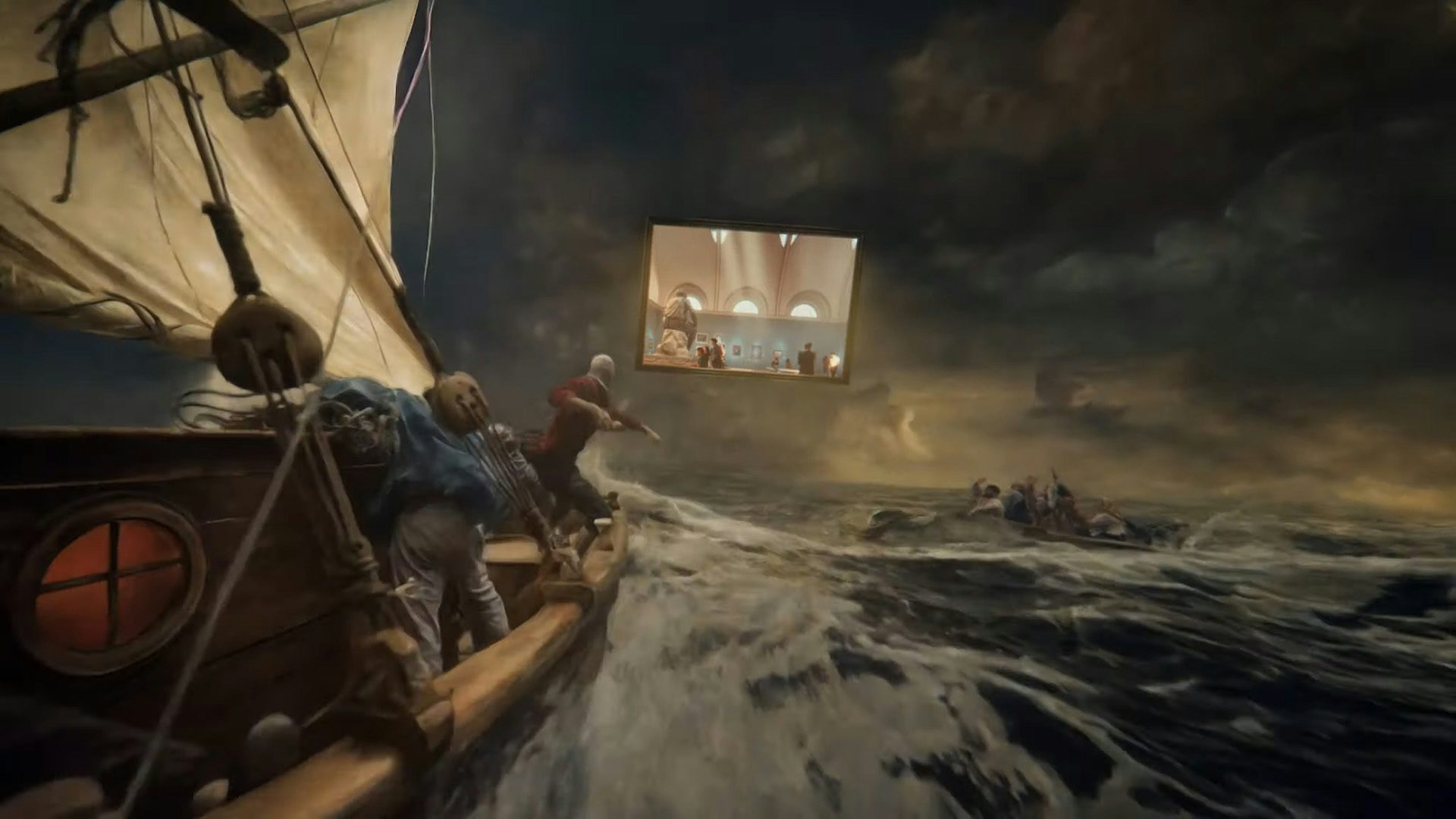 Image shows sailors in a storm heading towards a portal into a museum, as seen in Coca-Cola ad Masterpiece