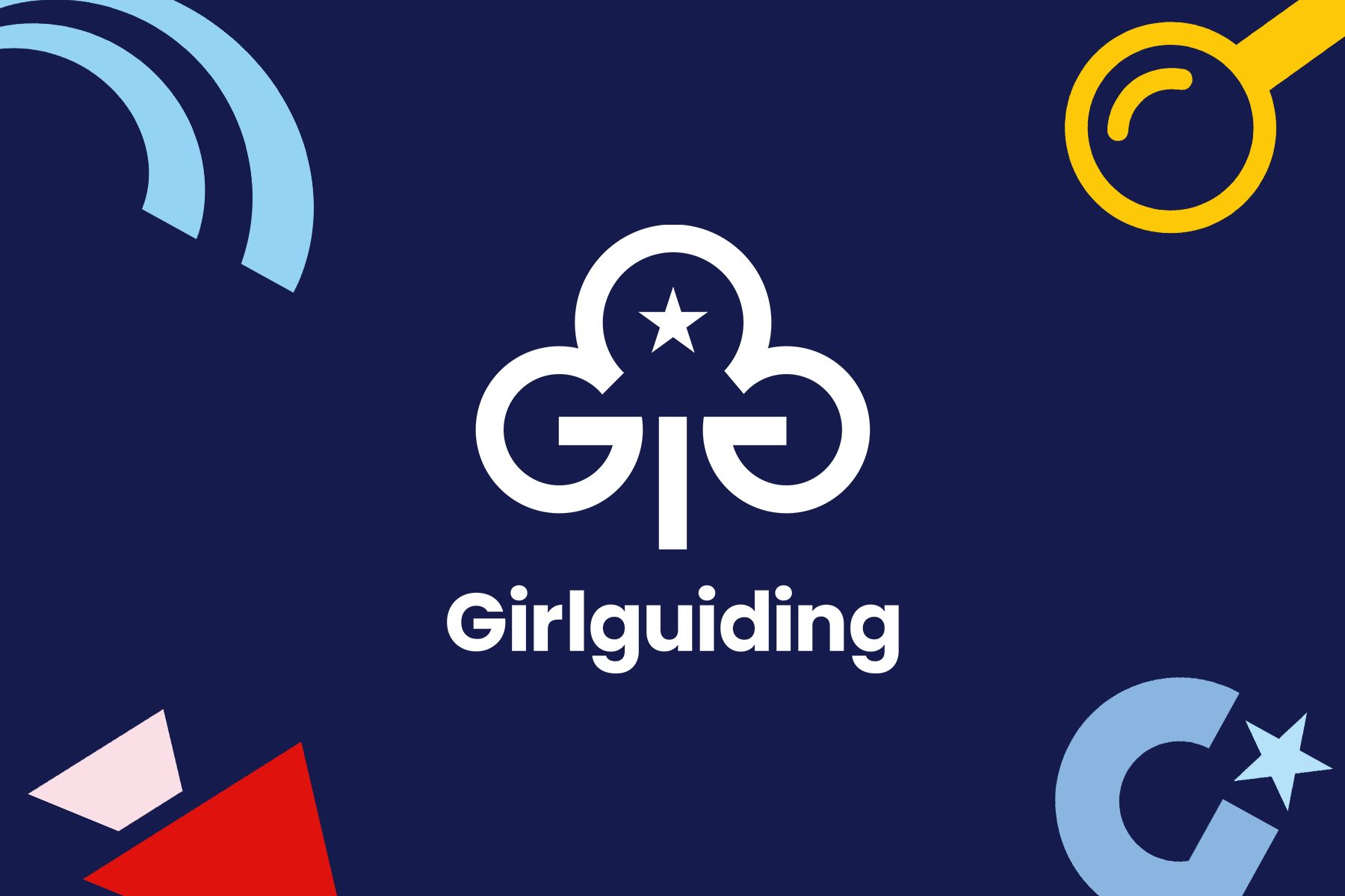 Graphic shows the new Girlguiding branding featuring a white tree emblem on a dark blue background
