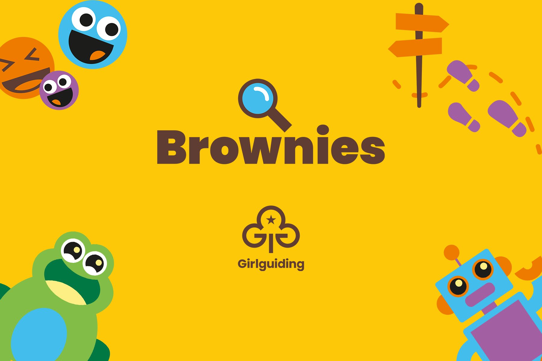 Graphic shows the new Brownies branding, featuring a brown wordmark with a magnifying glass, on a yellow background