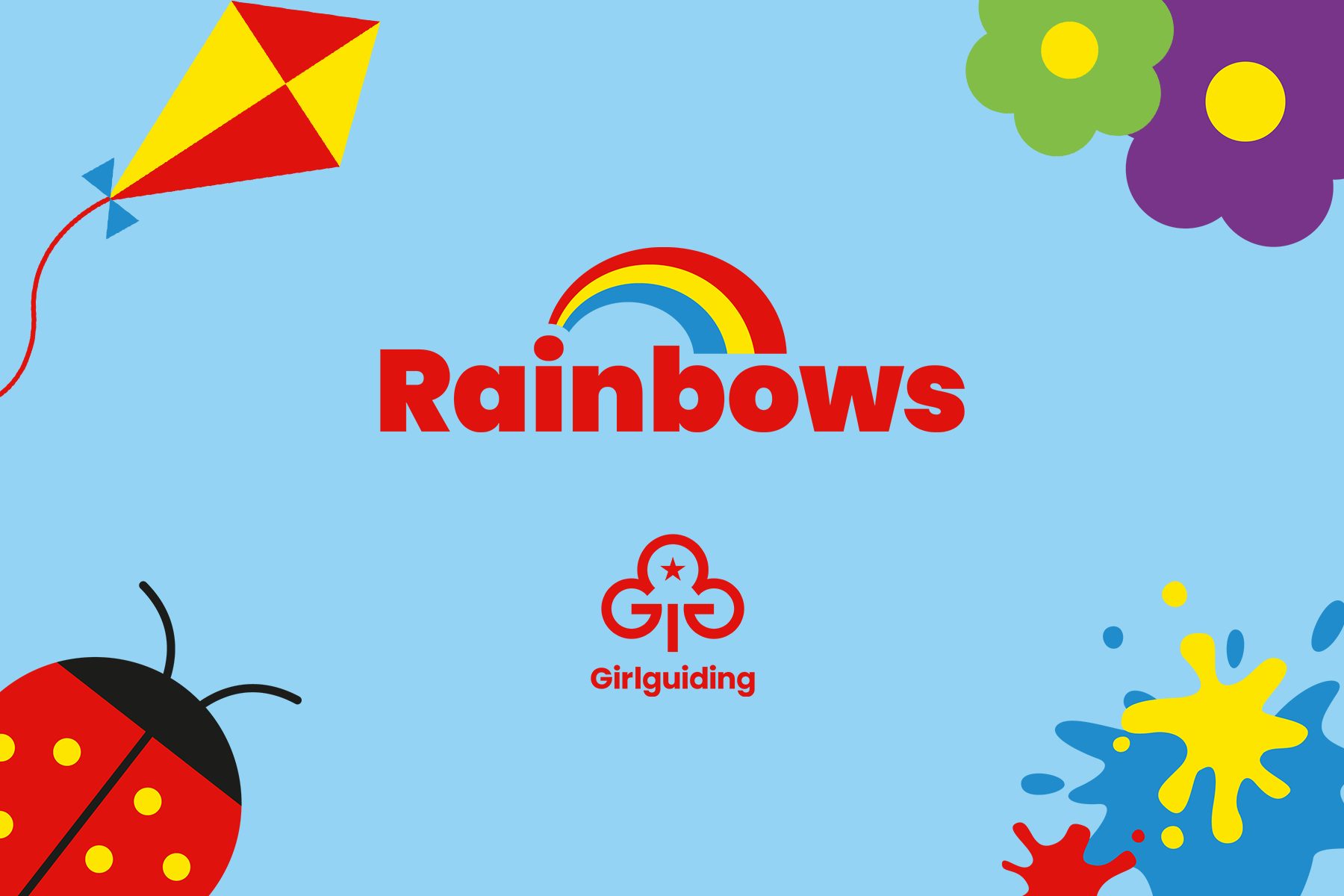Graphic shows the new Rainbows branding, featuring a red wordmark with a rainbow above it, on a light blue background