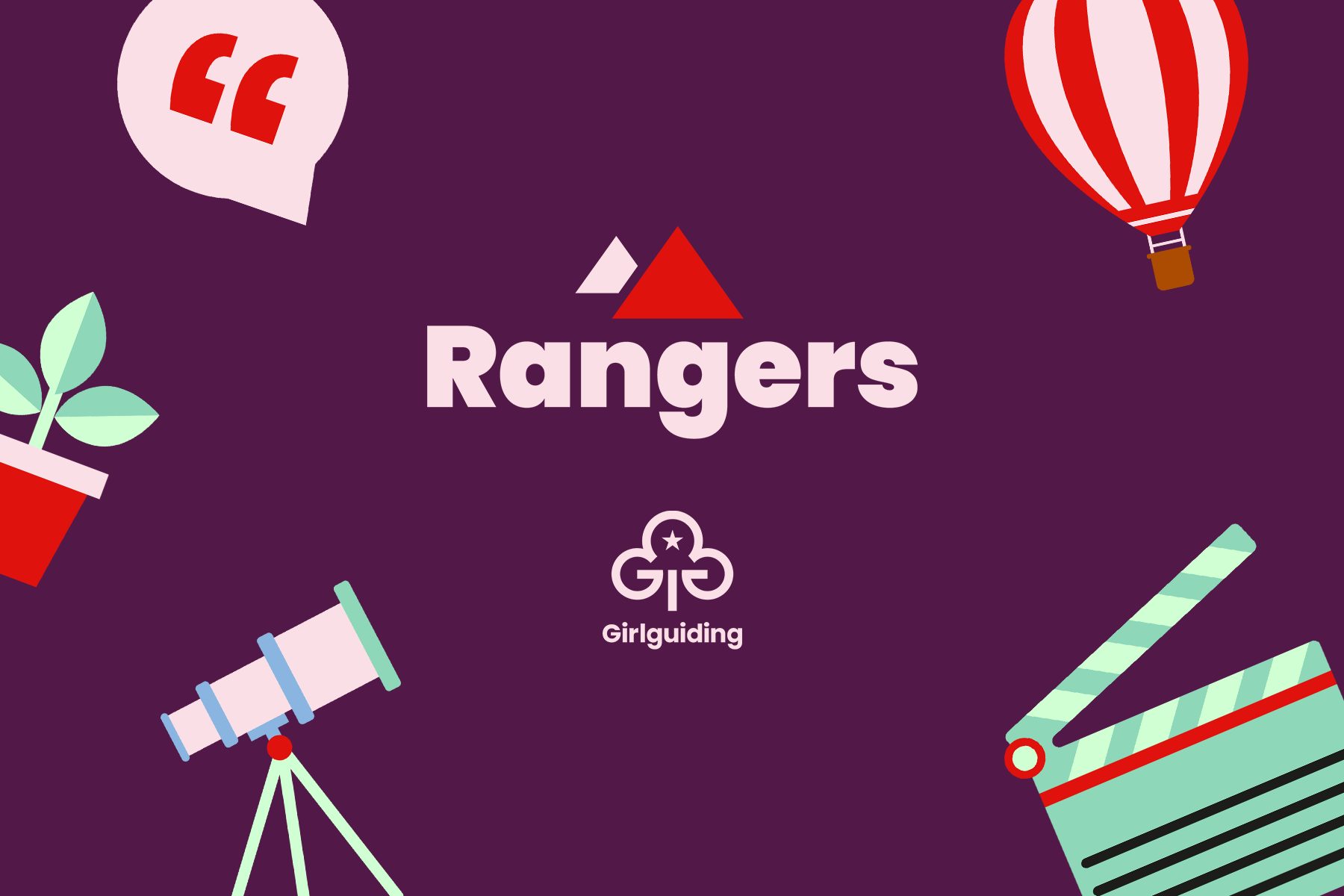 Graphic shows the new Rangers branding, featuring a pale pink wordmark with triangles in the shape of mountains above it, on a purple background