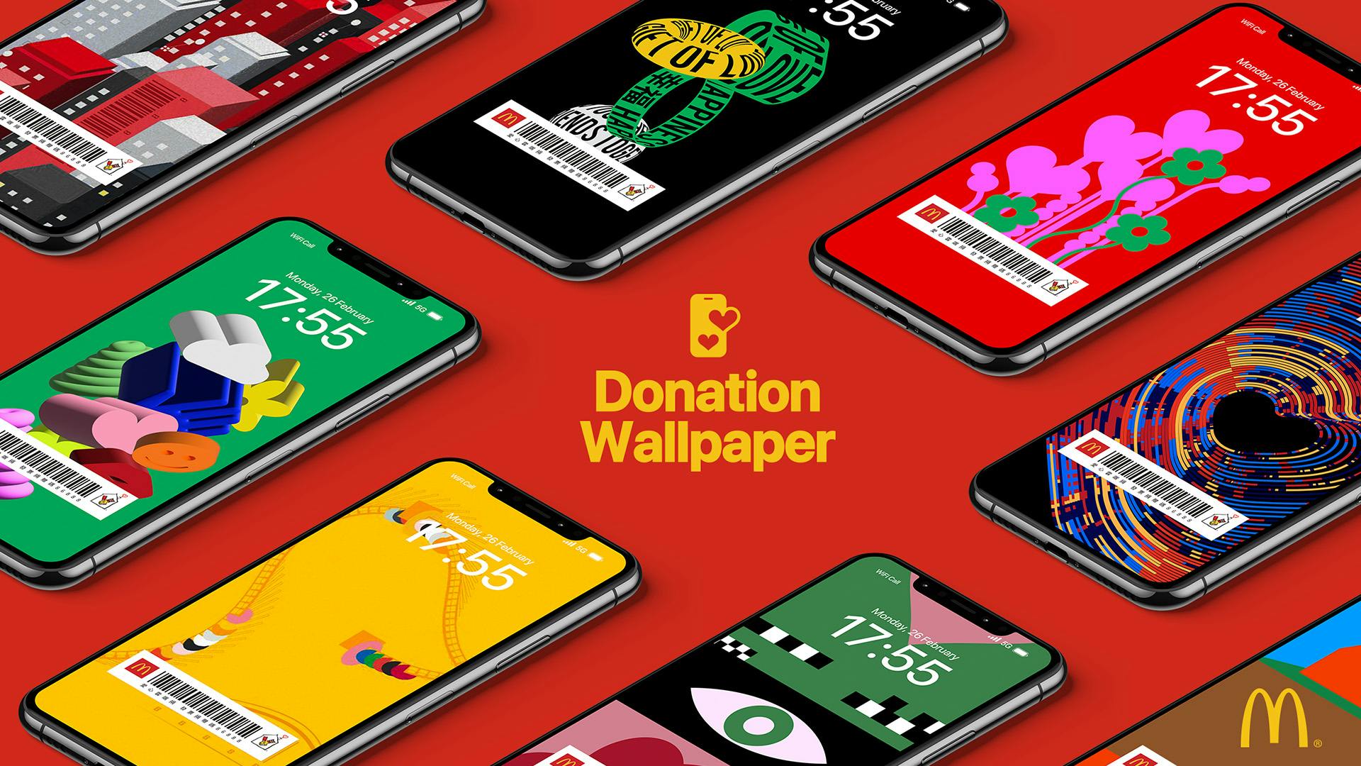 Image showing a selection of phones featuring wallpaper designs created as part of McDonald's Donation Wallpaper scheme