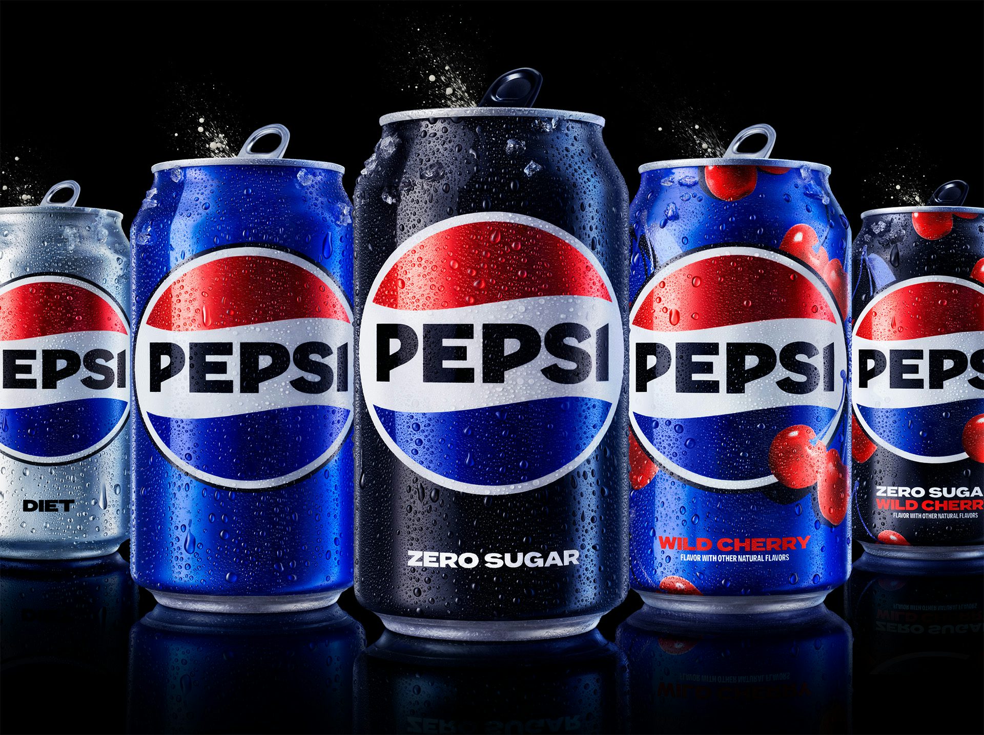 Graphic shows the new Pepsi branding on the brand's five different cans