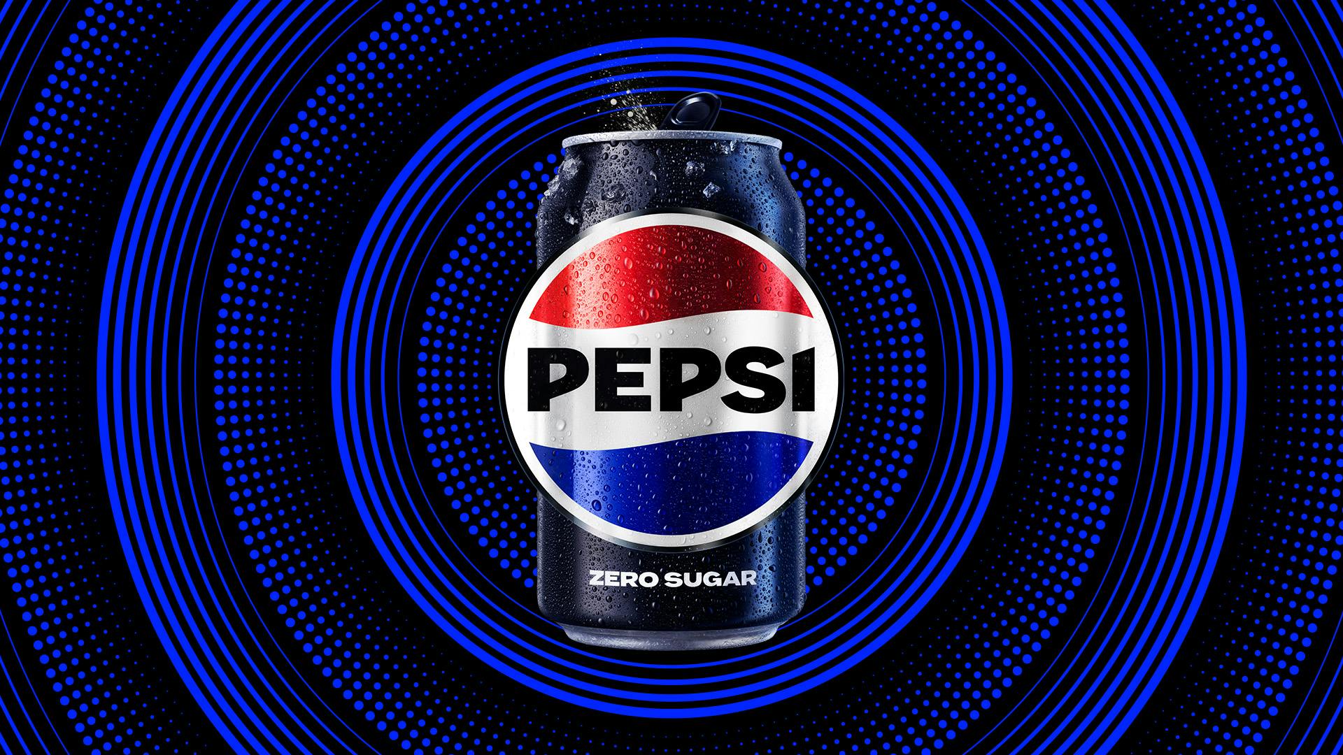 Graphic shows the new Pepsi branding on a can with a background graphic made up of lines and dots arranged in concentric circles