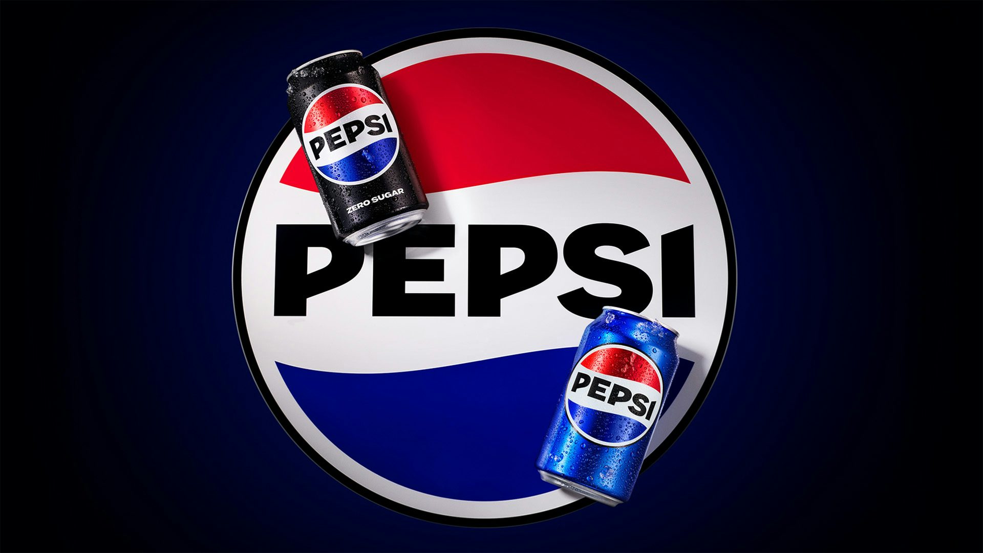 Graphic shows the new Pepsi branding on the background with two cans over the top