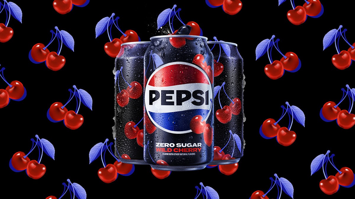 Graphic shows the new Pepsi branding on a Wild Cherry can with cherry illustrations in the background