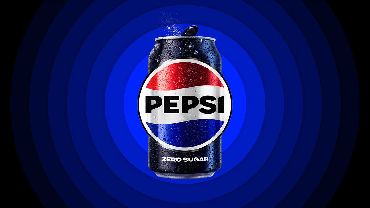 Graphic shows the new Pepsi branding on a can with concentric circles in the background