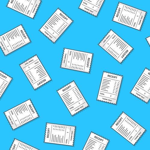 Illustration of scattered receipts on a blue background