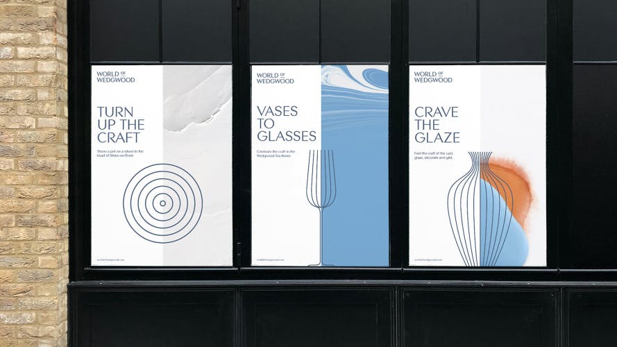 Photograph of three posters created for the World of Wedgwood brand, featuring linear illustrations