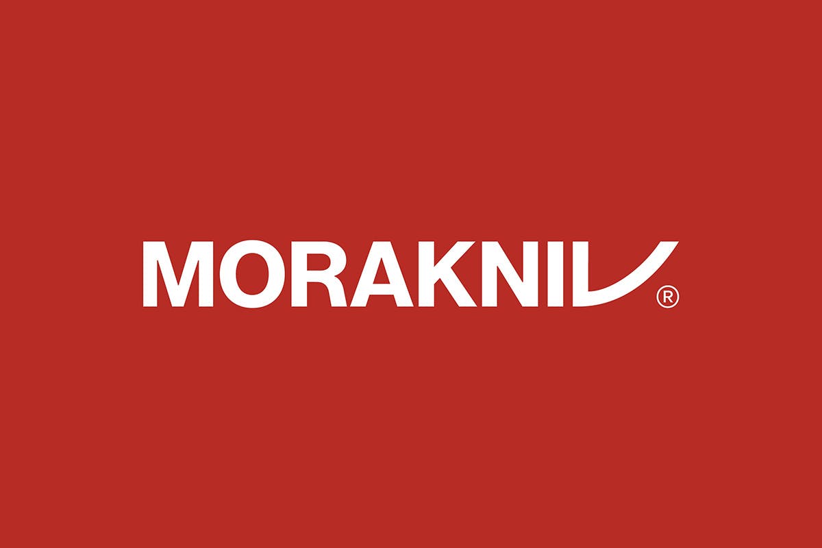 Graphic shows the white Morakniv wordmark on a red background, with a V designed in an angular blade shape