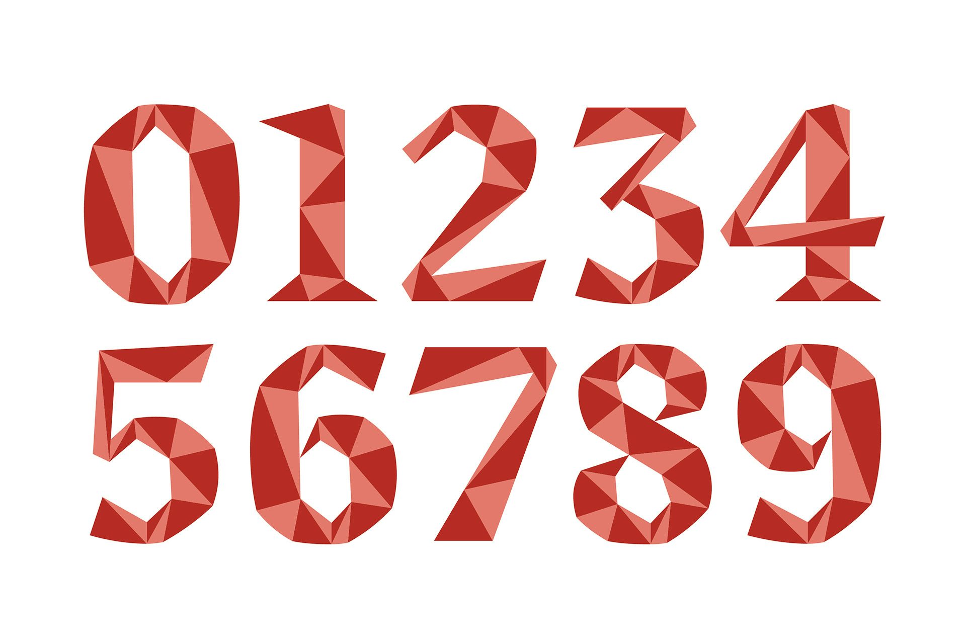 Graphic shows the numbers zero to nine designed in a red typeface comprising triangular shapes