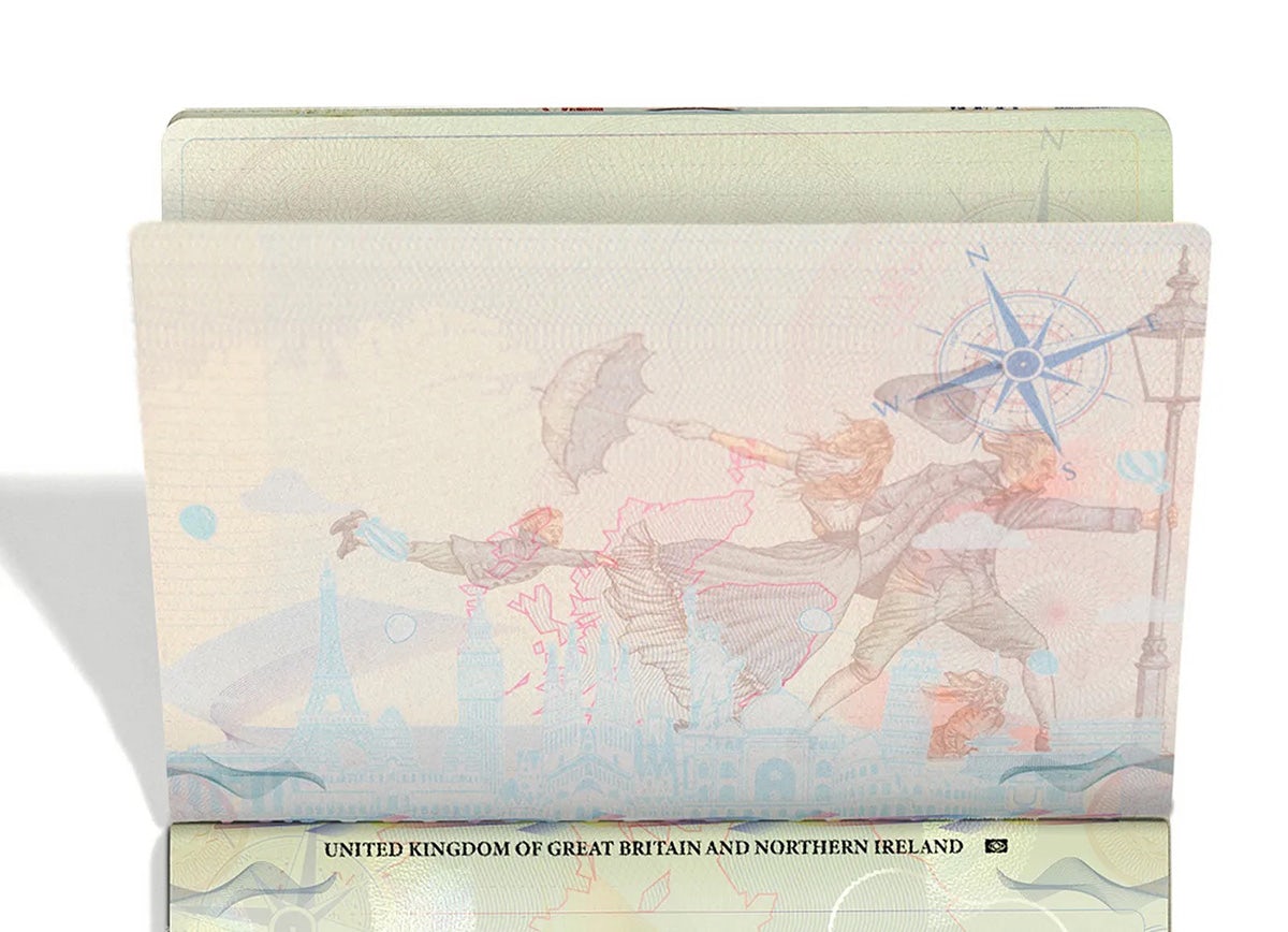 Image shows an illustration of a family being blown away by the wind, shown on a fake passport page as part of a British Airways advert