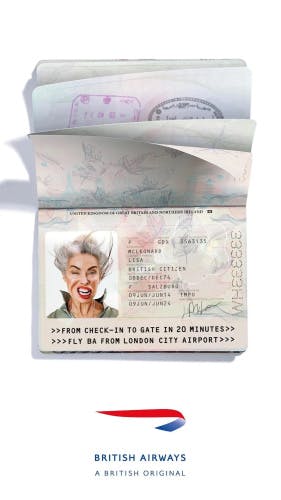 Image shows a British Airways advert of an edited passport page, featuring a passport photo of a person with their mouth blown wide open