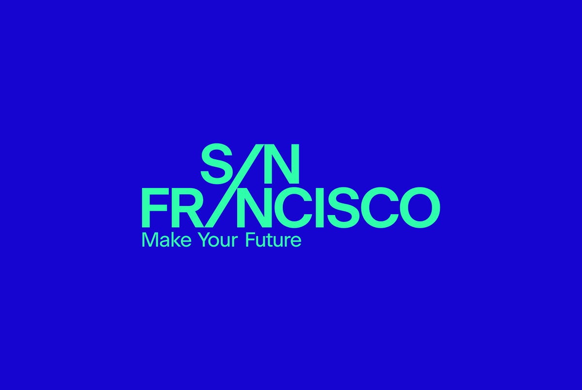 Image showing the San Francisco place branding written in mint green on a bright blue background and the tagline 'make your future'